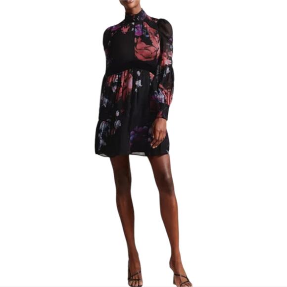 Ted Baker Gretaah Ladder Trim Mini Dress Long Sleeve Black Floral SZ 1 US 4 NEW‎ - Picture 1 of 16
